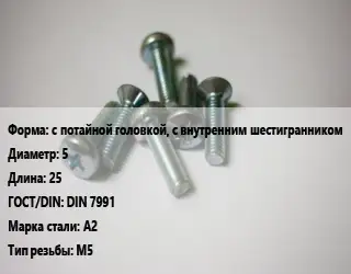 Винт с потайной головкой, с внутренним шестигранником 5х25 DIN 7991 Сталь: А2 М5